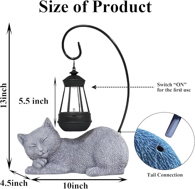 Solar Garden Cat Statues & Figurine with Solar Lantern, 13" Tall Cat Statue Garden Decor for Outside Patio Yard Lawn, Cat Figurine Outdoor Statue Ornament for Porch, Housewarming Gifts for Women