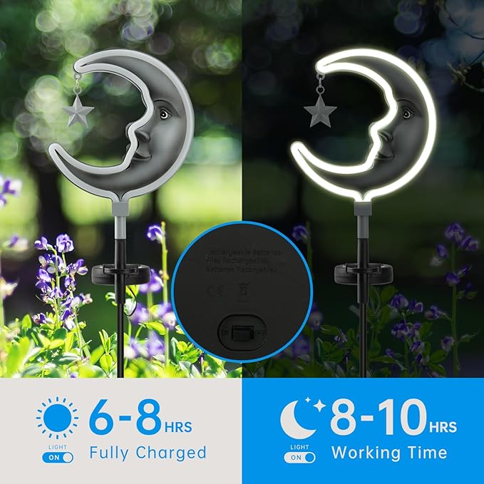 Solar Outdoor Garden Lights - Outdoor Decor Butterfly Neon Lamp Patio Path Decor(2 Pack) (Silver Moon)