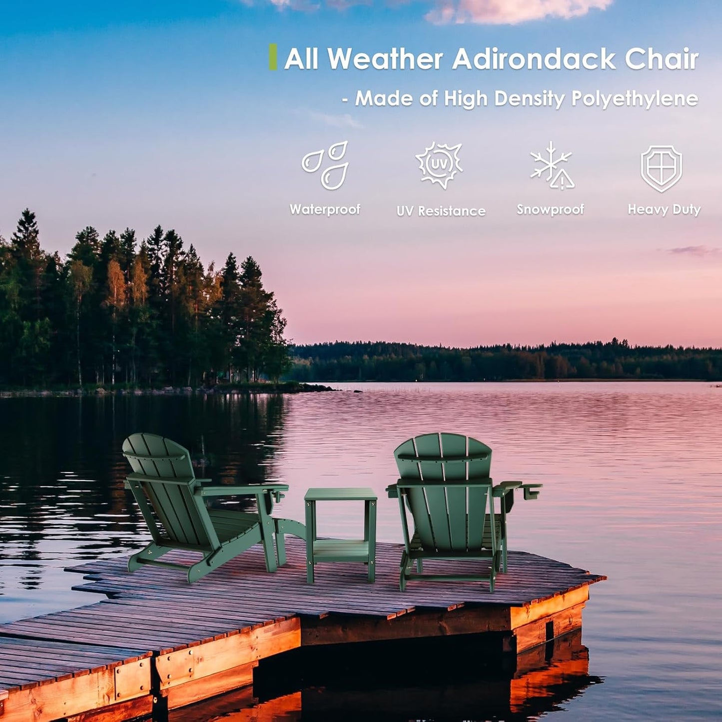 GREENVINES Folding-Adirondack-Chairs-Set-of-2 | HDPE Plastic | Fire Pit Chair | All Weather | Cup Holder | Forest | for Deck Backyard Patio Outdoor Garden