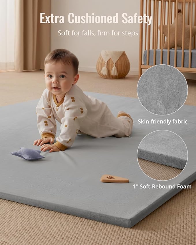 Blissful Diary Ultra Soft Baby Play Mat, 71x59 Extra Large Floor Mat with Removable & Washable Slip-On Cover for Babies and Toddlers, Light Grey