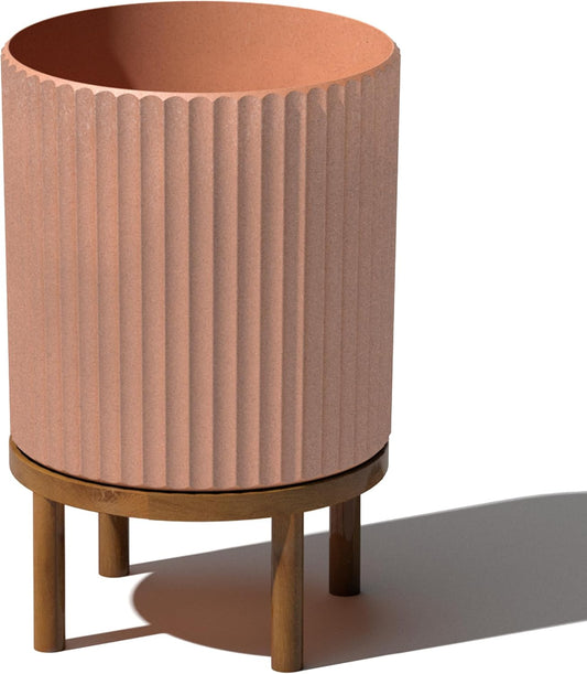 Veradek Demi Series Round Planter w/Stand for Porch/Patio | Durable Plastic-Stone Composite & Wooden Stand | Modern Décor for Tall Plants, Flowers