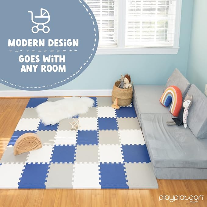 Play Platoon Non-Toxic Foam Puzzle Floor Mat, Comfortable, Extra Thick, Cushiony Exercise and Play Mat for Toddlers, Kids & Adults, 36 Tiles (12"x12"), Grey/Cream/Navy