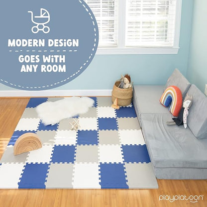 Play Platoon Non-Toxic Foam Puzzle Floor Mat, Comfortable, Extra Thick, Cushiony Exercise and Play Mat for Toddlers, Kids & Adults, 36 Tiles (12"x12"), Grey/Cream/Navy