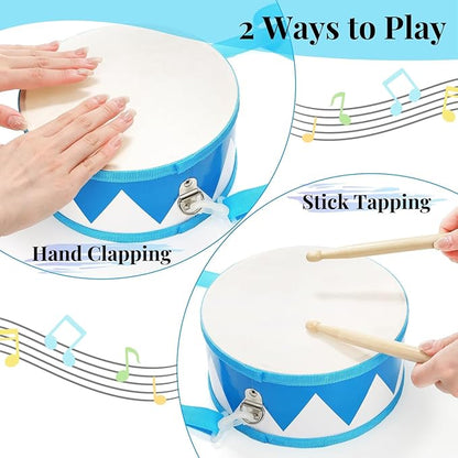 Kids Drum Set, 8 Inch Wooden Drum Toys with an Adjustable Strap, 2 Drumsticks, Educational Musical Sensory Percussion Musical Instrument Toy for Toddlers Kids Baby
