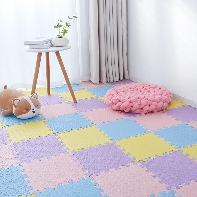 Foam Play Mat for Baby, EVA Non-Toxic Interlocking Floor Mats, Solid Colored Foam Puzzled Floor Mats, Baby Play Mat Exercise Mats, 16 Tiles(Pink/Purple/Yellow/Light Blue)
