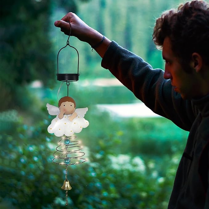 Solar Garden Decor for Outside, Solar Lanterns Outdoor Waterproof, Angel Lamp Hanging Light for Porch Decoration, Yard Art, Unique Wind Chimes Gift for Women Mom Grandma