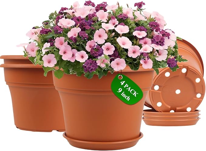 9 Inch Plastic-Flower Pot-for-Indoor Plants, 4 Pack Large Outdoor Planter Pot with Drainage Holes & Saucers, Resin Decorative Garden Pots Planters