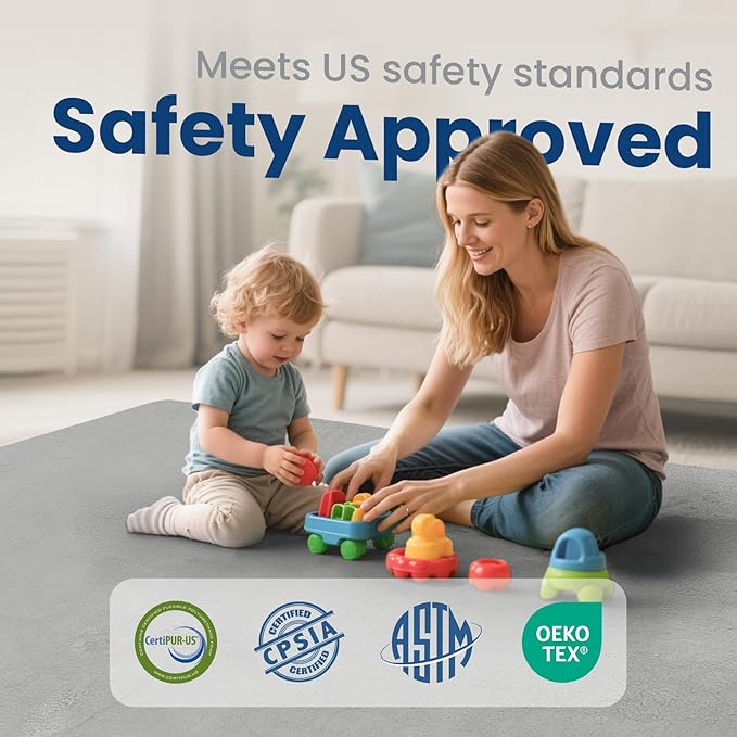 Baby Play Mat for Floor,Extra Large 79"×118" Playroom Mat,Thicker Memory Foam Classroom Mats for Toddler,Infant,Kids,Water Repellent Ultra Soft Coral Velvet,Non-Slip Backing Safe for Crawling(Light Grey)