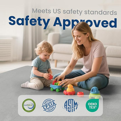 Baby Play Mat for Floor,Extra Large 79"×118" Playroom Mat,Thicker Memory Foam Classroom Mats for Toddler,Infant,Kids,Water Repellent Ultra Soft Coral Velvet,Non-Slip Backing Safe for Crawling(Light Grey)