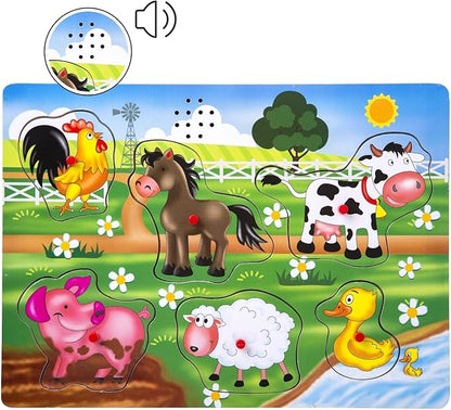 Farm Animals Sound Puzzle, Wooden Peg Puzzles with Sound for Toddlers and Preschoolers Ages 2yrs+, Kids Educational Learning Peg Puzzles Toy Gift (6pcs)
