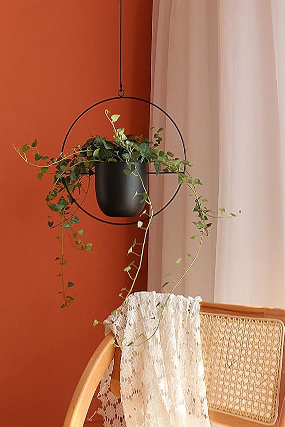 Hanging Planter for Indoor Outdoor Plants Metal Mid Century Minimalist Wall Ceiling Plant Hanger Hanging Flower Pot Basket Holder for Home Office Décor, Black