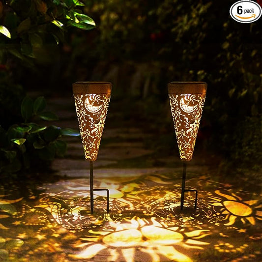 DIBIEECN 6 Pack Sun and Moon Solar Pathway Lights Outdoor,Metal Garden Decorations Outdoor Lights with Patterns and Warm Light,Waterproof Landscape Lighting for Path Patio Backyard Walkway Yard