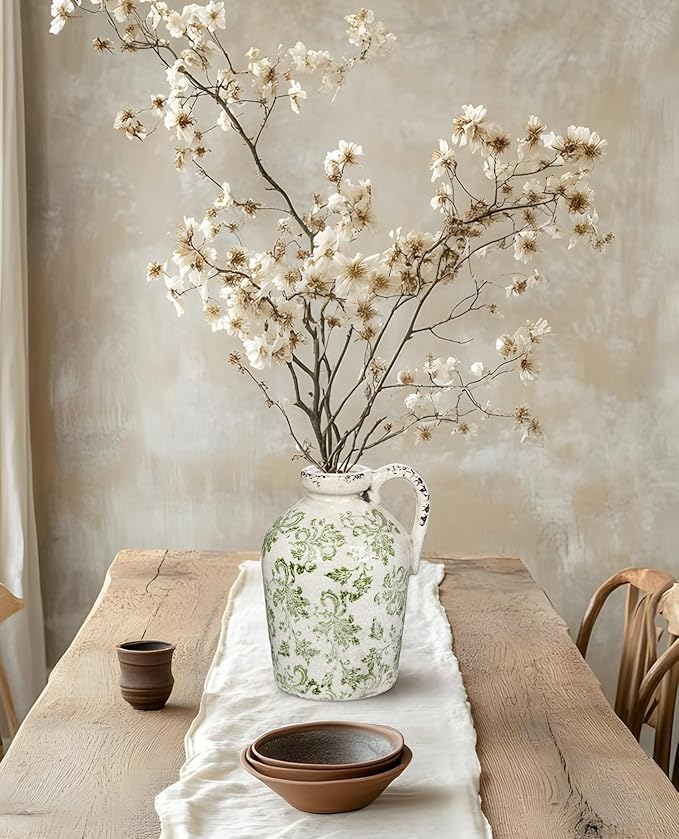 Ceramic Rustic Farmhouse Vase, 9 inch Ceramic Green and White Vase for Centerpieces Pampas Grass Pottery Jug with Handle Boho Chinoiserie Decor Vintage Vases for Living Room Kitchen Dinner Table Shelf