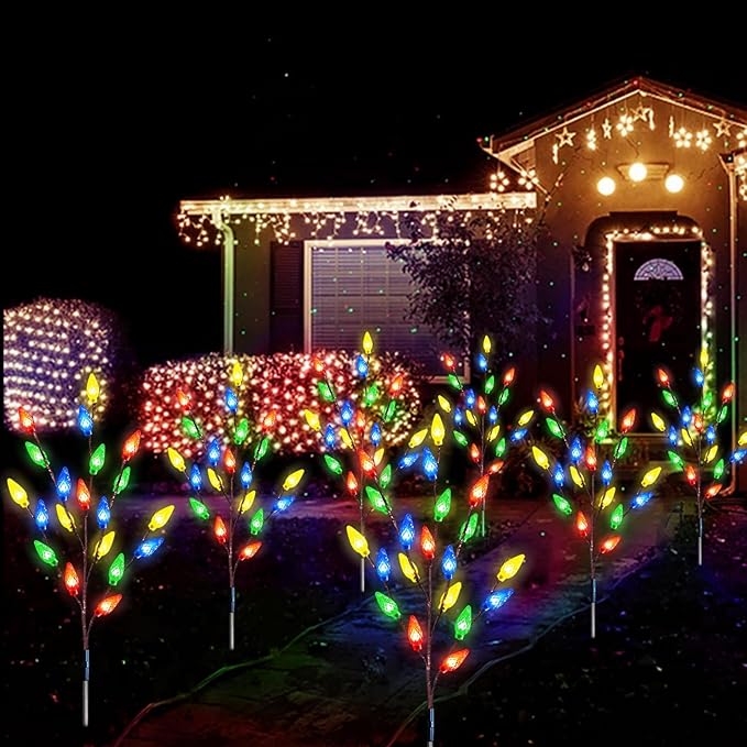 Upgraded 4 Pack Solar Christmas Garden Stake Lights for Christmas Decorations, 8 Modes Solar Christmas Yard Stake Outdoor Waterproof Christmas Strawberry Lights for Garden Patio Yard Pathway Grave