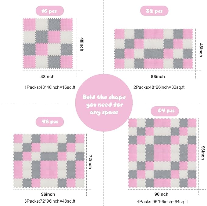 Shihanee Foam Floor Baby Tiles Foam Floor Mats Play Mats Bulk with Borders Interlocking for Kids Baby Playroom Nursery Gym (White, Gray, Pink,64ft)