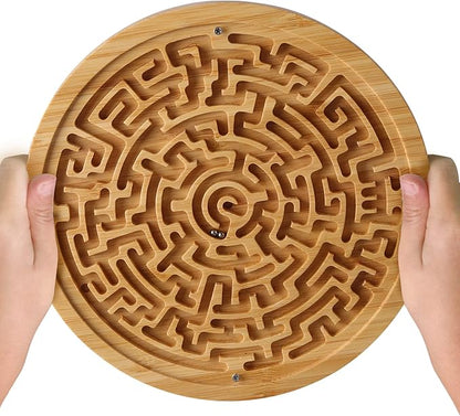 Round Wooden Labyrinth Board Game - Marble Maze for Education and Fun, Toddler Activity Board, Brain Teaser Puzzle Logic Game with Two Metal Balls for Kids, Adults, Teens, Boys, and Girls