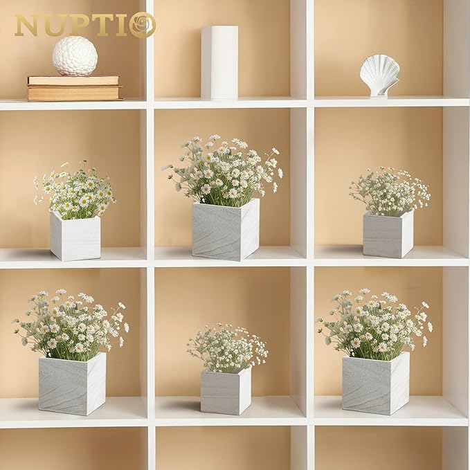 NUPTIO Wooden Box for Centerpiece Wedding: 12 Pcs Rustic Square Planter Box Farmhouse Table Fall Decor - 4×4" & 5×5" Whitewashed Small Wood Vases Flower Pots for Windowsill Home Garden