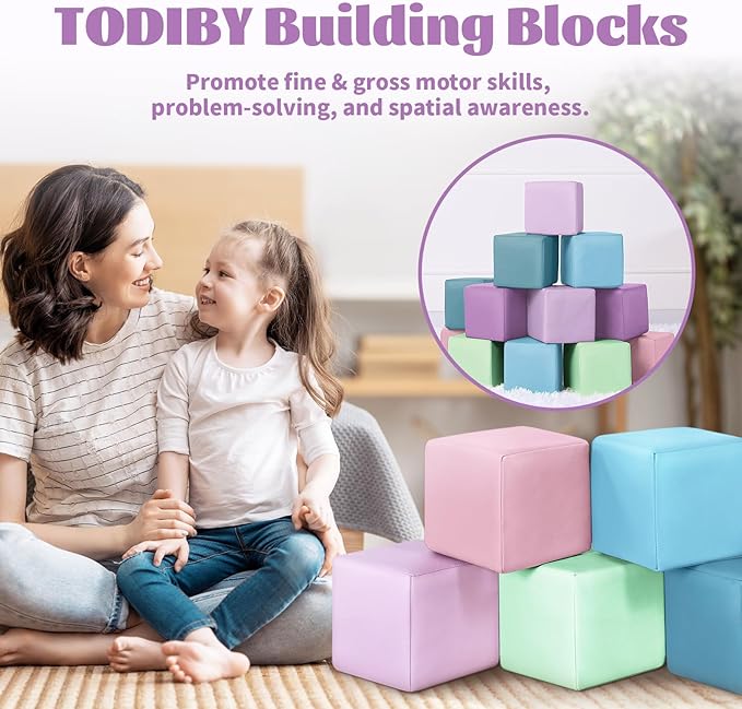 Foam Building Blocks for Toddlers：12-Pieces Wipeable Leather Stacking Cubes Kids - Large Soft Toys Play Set for Learning Construction Baby Preschool Daycare Therapy Birthday Gift (Purple Pink)