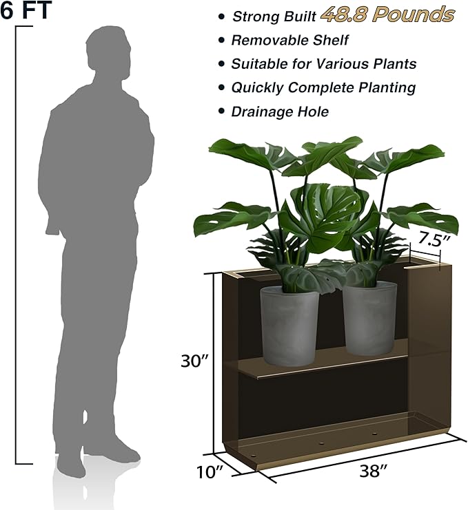 Metallic Heavy Planter for Outdoor Plants, 38Lx10Wx30H Inches Tall and Long Metal Divider Planter Box for Outside & Indoor, No Assembly Required (Espresso)