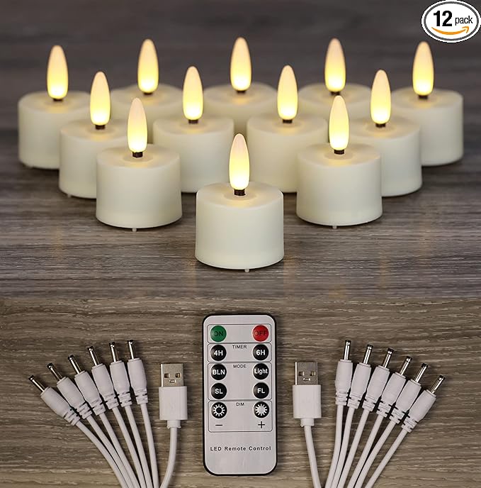 12 PCS 3D Wick Rechargeable Flameless Tealight Candles with Remote and Timer, Battery Operated Flickering LED Tea Lights, Durable & Lovely Fake Tea Candles, Ideal for Pumpkin/Bar/Party Decor