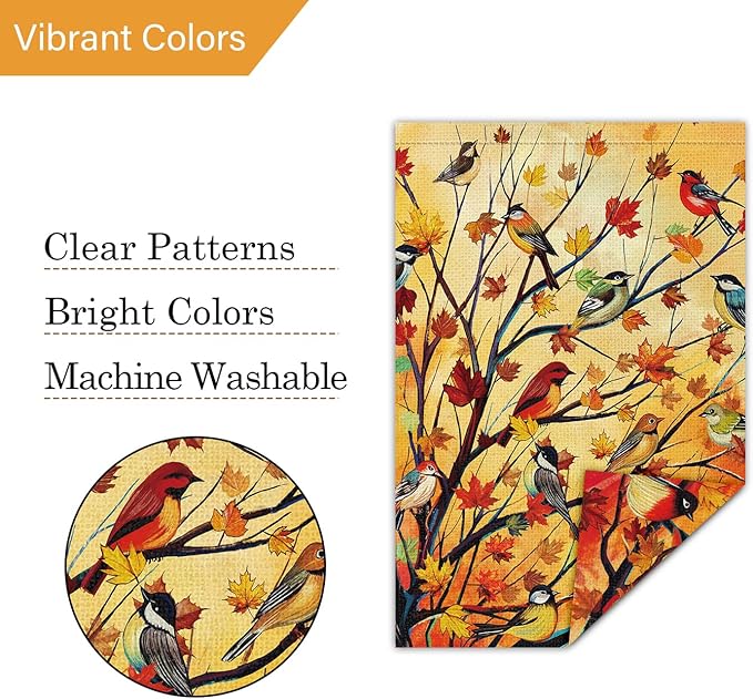 Louise Maelys Welcome Fall Garden Flag 12x18 Double Sided, Small Burlap Autumn Maple Tree Birds Thanksgiving Outside Outdoor House Yard Decor
