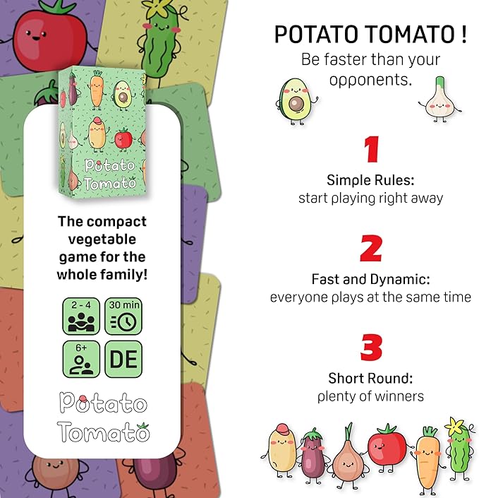 Potato Tomato • Quick Card Game for Children and Adults • Travel Game • Board Game for Families • Ages 6+ • 2-4 Players • 30 Minutes