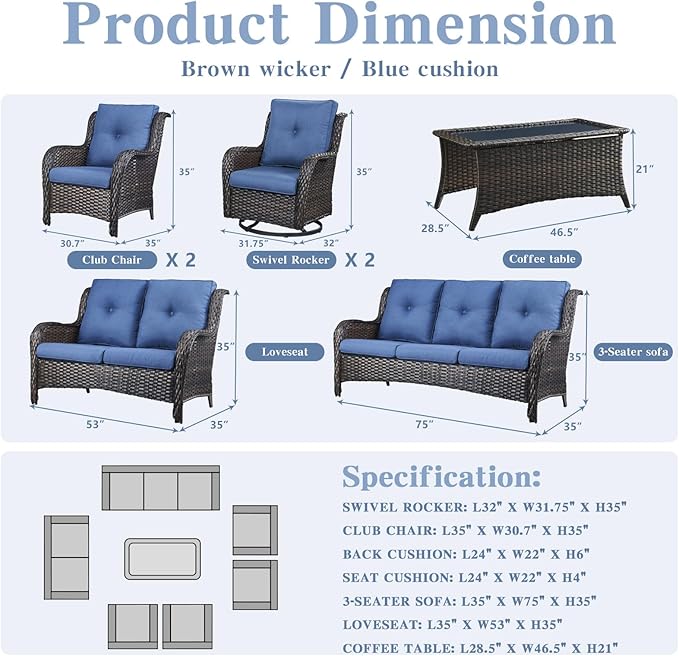 Outdoor Wicker Furniture Patio Set - 7 Piece Backyard Furniture Brown Rattan Conversation Sets with Swivel Rocker Chairs, Rattan Sofa, Club Chairs and Coffee Table, Blue Cushion