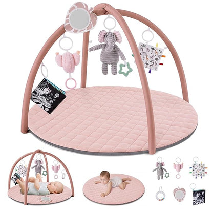 Blissful Diary Baby Play Gym Mat, Tummy Time Activity Mat with 6 Detachable Toys for Skill Development, Baby Essentials Gift, Soft Pink