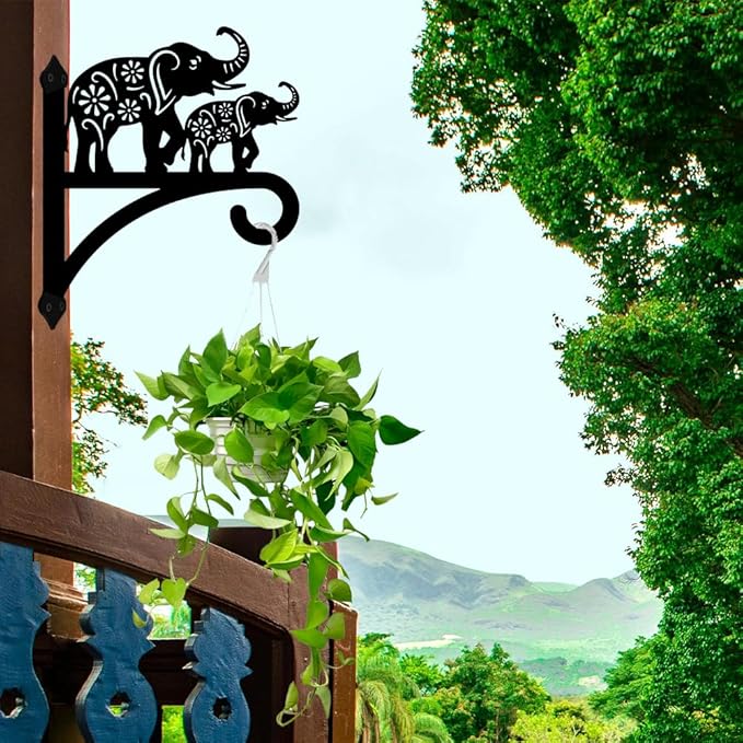 peacoblue Iron Plant Hangers Holder for Outdoor Indoor Hanging Plants Flower Fern Pots Lantern Bird Feeder Wind Chimes, 12”x14” Weather Resistant Metal Wall Hooks for Porch Garden Farmhouse(Elephant)