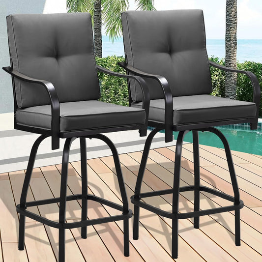 Patio Swivel Bar Stools, Outdoor High Back Swivel Bar Stool Chair Set of 2 with Cushion & All Weather Steel Frame, Dark Gray