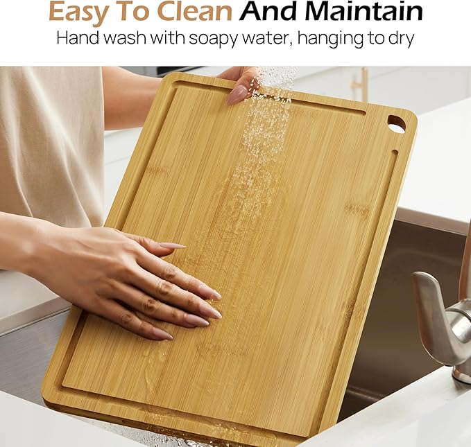 Wood Cutting Board for Kitchen - Reversible Bamboo Cutting Boards Gift Set of 3 with Juice Groove, Wooden Chopping Board for Meat, Fruit, Vegetables & Cheese (Pre Oiled, Natural)