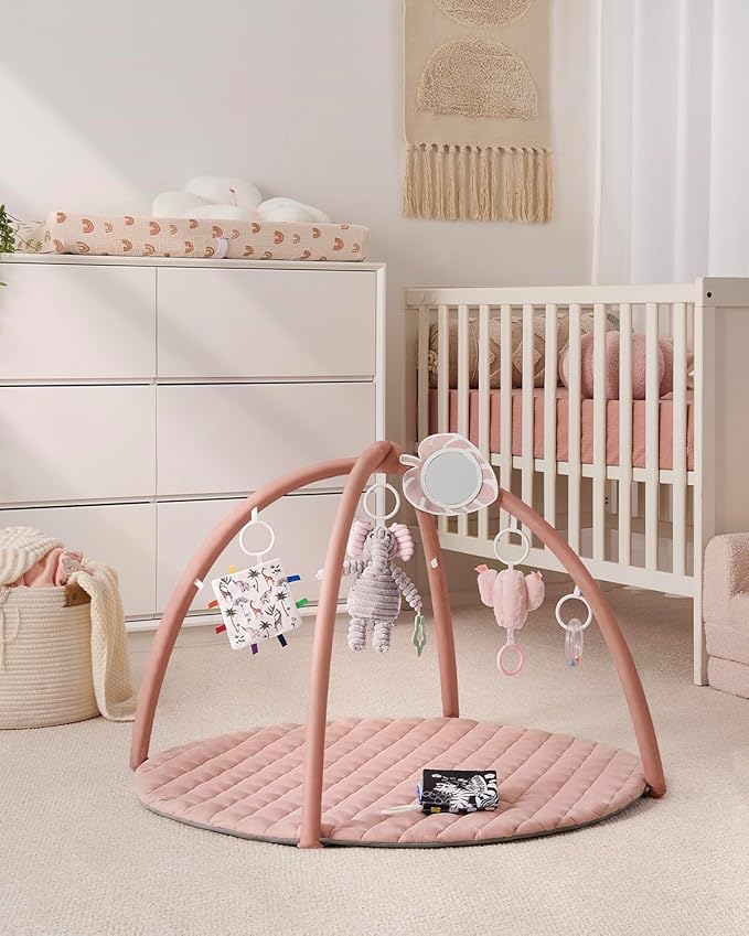 Blissful Diary Baby Play Gym Mat, Tummy Time Activity Mat with 6 Detachable Toys for Skill Development, Baby Essentials Gift, Soft Pink