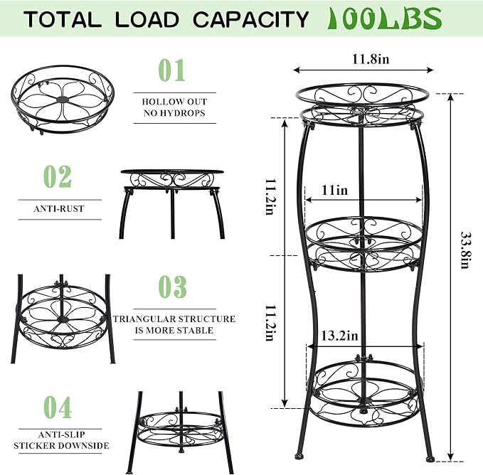 VECELO 3 Tier Metal Outdoor Plant Stand Indoor, Rustproof Stable 33.8” Tall Iron Flower Stand, Decorative Multiple Heavy Duty Plant Holder for Corner, Patio, Balcony Garden, Black