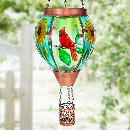 Solar Hot Air Balloon Lantern with Flame， Cardinal Glass Solar Hanging Lights Outdoor Yard Patio Farmhouse Decoration, Cardinal Gifts for Women Grandma Mom - Cardinal