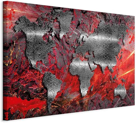 artgeist Canvas Wall Art World Map 24x16 in - 1pcs Home Decor Framed Stretched Picture Photo Painting Artwork Image - Abstract Continents Map World Map Red Silver k-A-0505-b-c