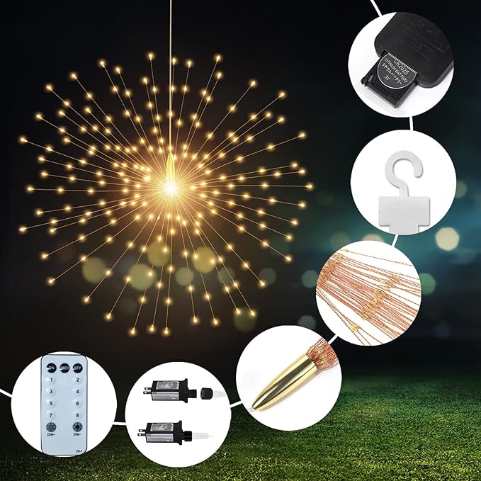 4 Pcs 800 LED Plug-in Starburst Sphere Lights, Firework Lights 8 Modes Dimmable Remote Control Waterproof Hanging Fairy Light, Copper Wire Lights for Patio Party Tent Christmas (Warm White)