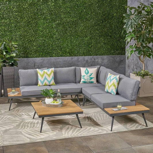 4-Person Outdoor Seating Group with Cushions, Mid-Century Modern Sectional Sofa Set, Faux Wood and Aluminum Frame, Mesh Backrests, L-Shape Conversation Set for Garden, Poolside, Backyard