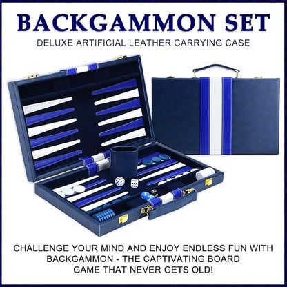 Backgammon Sets for Adults, 15 inch Backgammon Blue Sets Classic Board Game with Premium Leather Case, Portable Travels Strategy Backgammon Game Set for Adults, Kids (Blue)