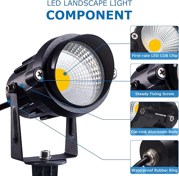 SUNVIE 12W LED Low Voltage Landscape Lights, Outdoor 12V 3000K Warm White (900LM) Waterproof Garden Pathway Lights Wall Tree Flag Spotlights with Spike Stand, 2 Pack with Connector