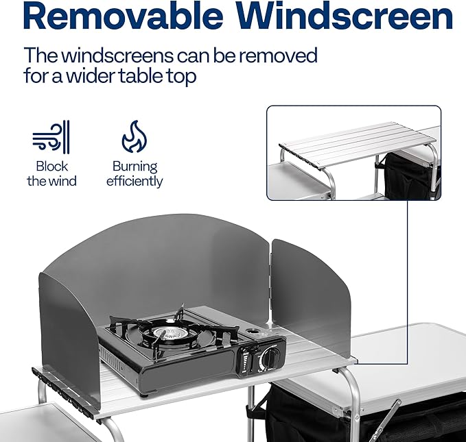 VIVOHOME Folding Camping Kitchen Station Table with Storage Organizer, 2 Side Tables, Stainless Steel Windscreen, Outdoor Portable Cook Station for BBQ, Picnics