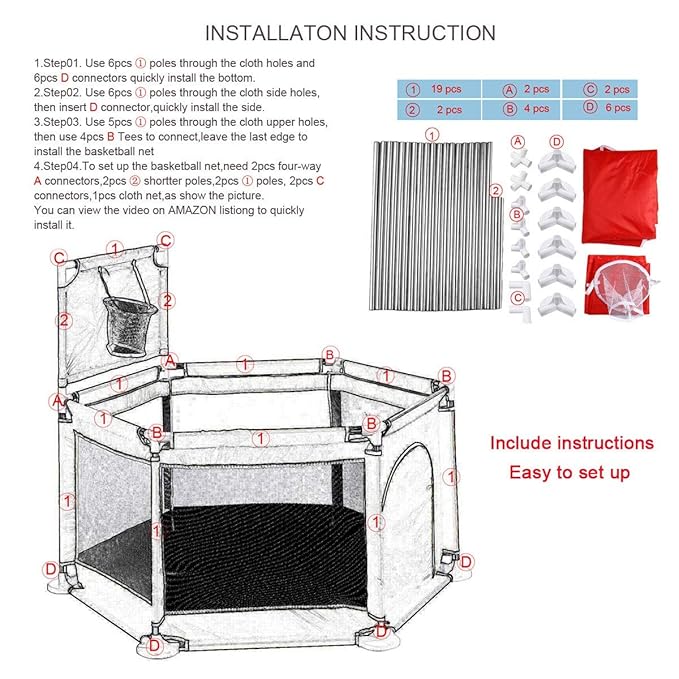 Portable Baby Ball Pit Playpen Playard Fence Playtent with Basketball Hoop Breathable Mesh for Indoors Outdoors Toddler Kids Large