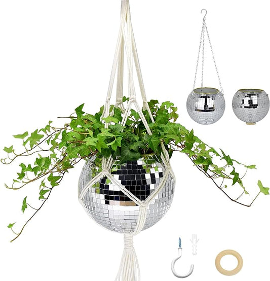 Disco Ball Planter, 8" Disco Planter with Hanging Rope, Hanging Chain & Hook & Ring Stand, Disco Ball Plant Hangers for Indoor and Outdoor Plants, Hanging Plant Holder (Silver, 1 Pack 8")