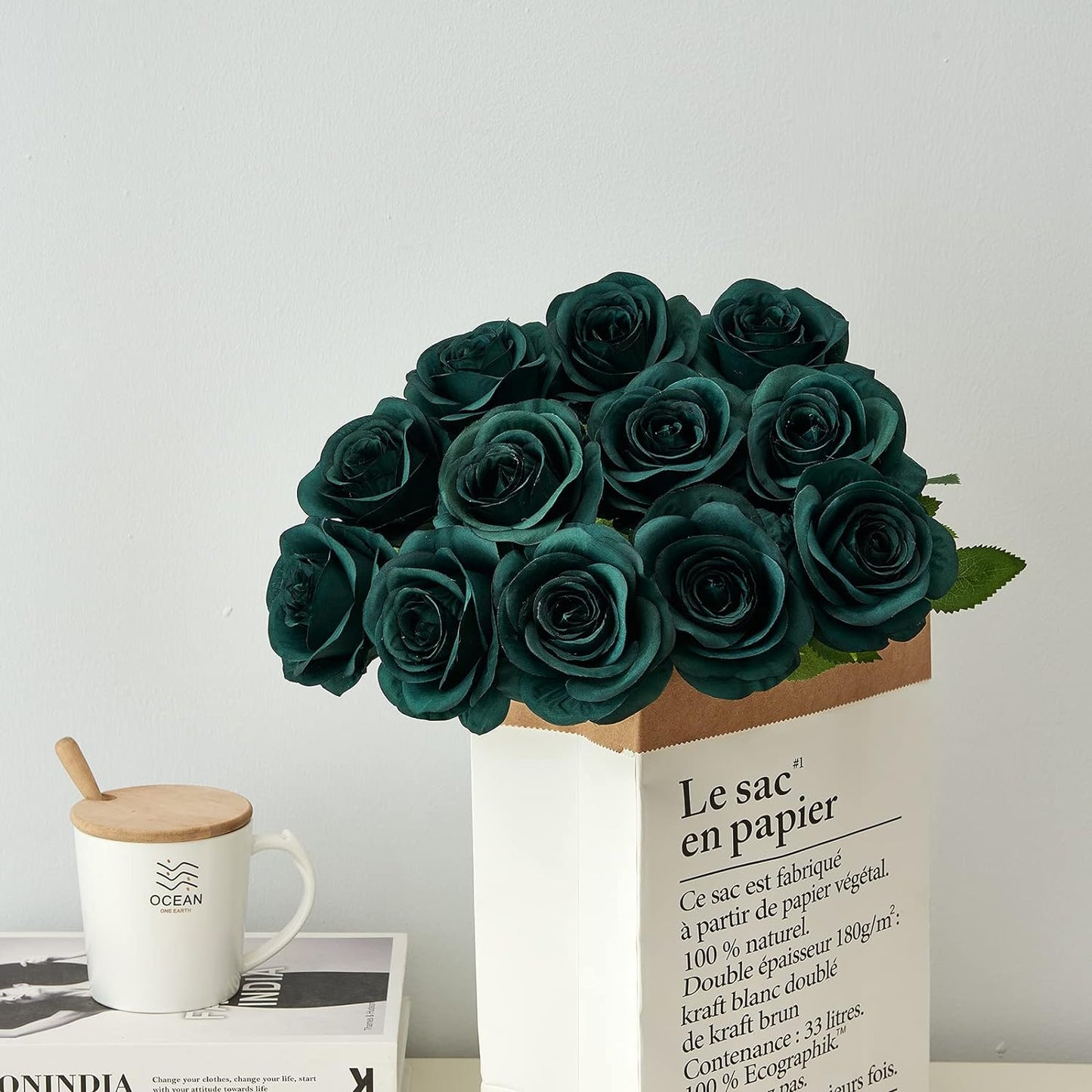 12PC Peacock Green Roses Artificial Flowers Fake Roses Silk Flowers Roses with Long Stems for Wedding Home Party Centerpieces Decorations