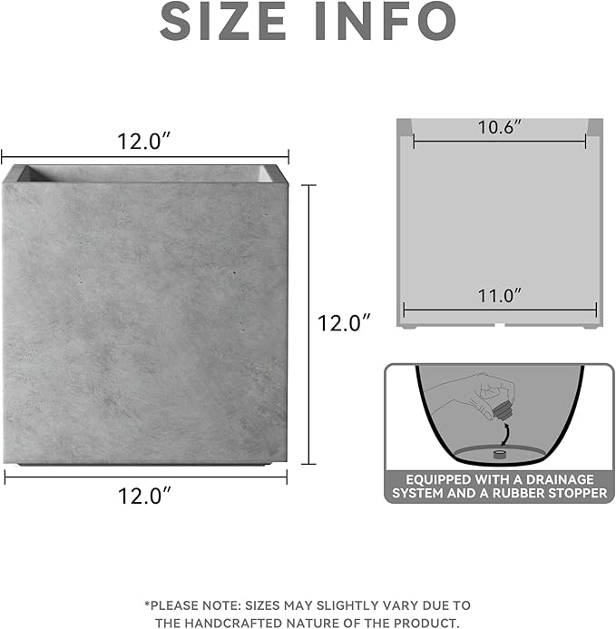 Kante 12 Inch Square Concrete Planter for Outdoor Indoor Home Patio Garden, Large Plant Pot with Drainage Hole and Rubber Plug, Natural Concrete
