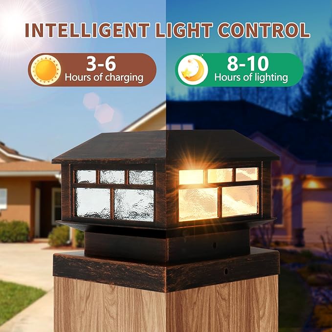 Solar Post Lights Outdoor, 20LM Fence Post Cap Lights, Waterproof, 2 Light Modes, Fit 3.5x3.5in 4x4in 5x5in Wooden Post, Solar Power Deck Lights for Garden Deck Patio Decoration(Bronze 4Pack)
