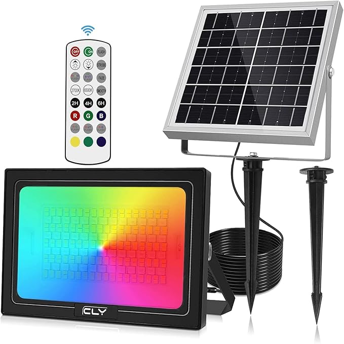 CLY Solar LED Flood Light Outdoor RGBCW Color Changing Floodlight with RF Remote, RGB 2700K 6500K Dimmable,16.4ft Cable IP66 Waterproof Solar Powered Security Light for Garden Tree Christmas Party