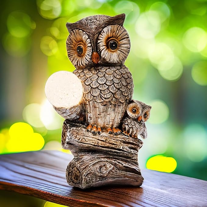 Garden Decor Owl Statues Fall Decorations for Outdoor,Resin Owl Figurines with Solar Lighted Ball- Owl Gardening Gifts for Women Owl Lawn Ornaments for Patio Decor Yard Decoration