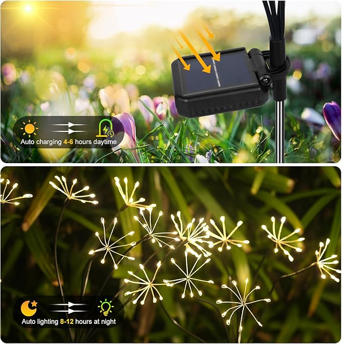 Solar Garden Light 4 Pack Twinkling Solar Firework Lights with 2 Modes 240LED, Solar-Powered Outdoor Waterproof for Outside Yard Pathway Garden Decor, Gardening Gifts for Women Mothers Day, Warm
