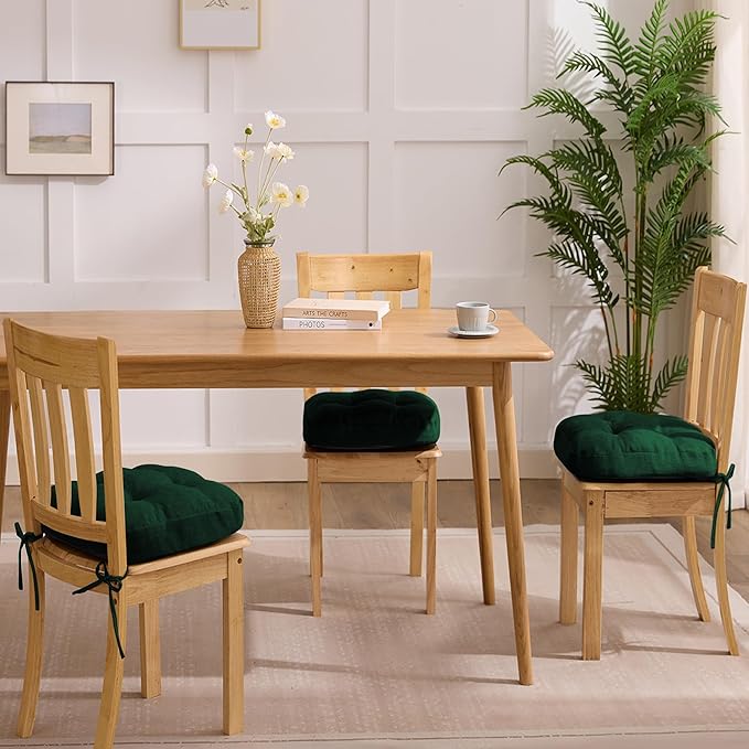 Chair Cushions for Dining Chairs, Dining Chair Cushions, Tufted Indoor Chair Pads with Ties & Non Slip Backing, Seat Cushions for Kitchen Chairs 16.5” x 16.5” x 3.5”, Set of 6, Green