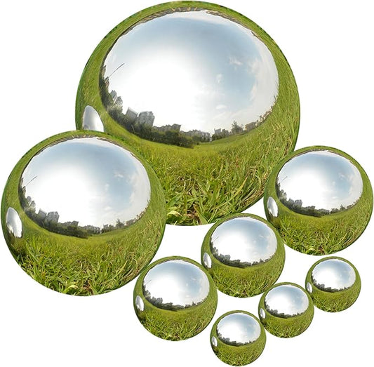 Nerien Gazing Ball, Stainless Steel Garden Mirror Globe, Polished Ornament Sphere, Hollow Floating Reflective Hemisphere, for Home Outdoor Pond Housewarming Swimming Pool Decoration, Silver, 8Pcs